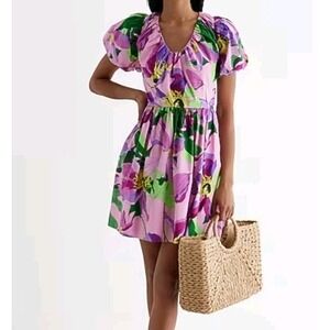 Express Dress Floral Puff Sleeve Poplin Mini Size XS Pink‎ Cotton Wedding Guest